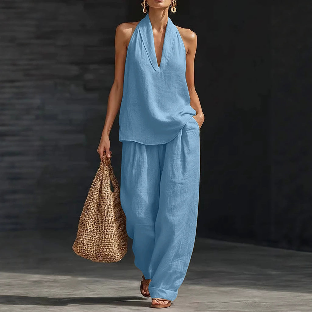 Big size suit with V-neck and strap around the neck
