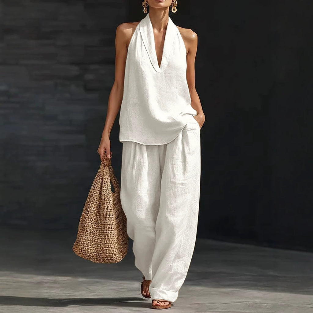 Big size suit with V-neck and strap around the neck